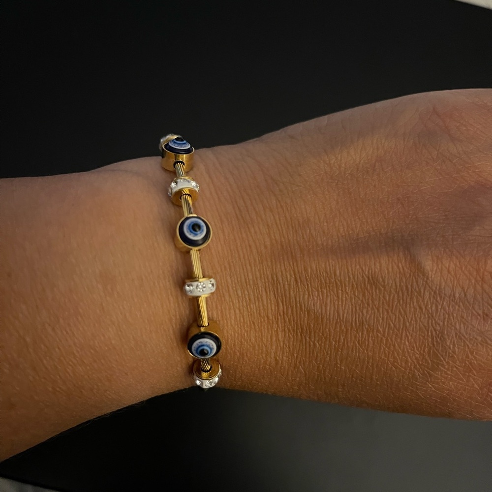 Gold Plated Stainless Steel Devils Eye Rhinestones Bangles Bracelet